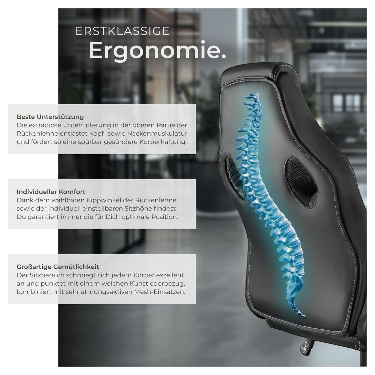 BÜROSTUHL Mike,stufenlos höhenverstellbar,schwarz - Schwarz, Leder (68/114.5/69cm) - tectake
