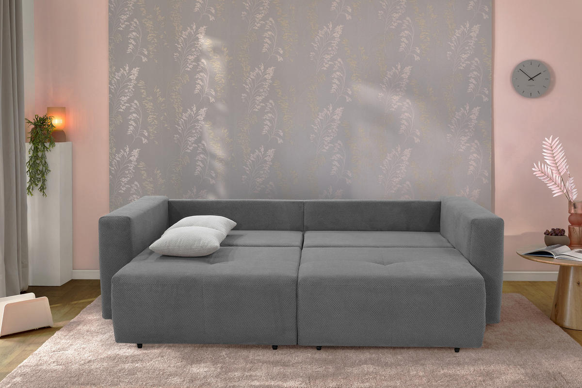 SCHLAFSOFA Verwandlung: Big-Sofa/Eckcouch, 2 Bettkästen, B243/T115-161/H84 cm, Liegefläche 145x197 cm, Waffelcord Grau / 15241 - Schwarz/Grau, Kunststoff/Textil (243/84/115cm) - luma-home