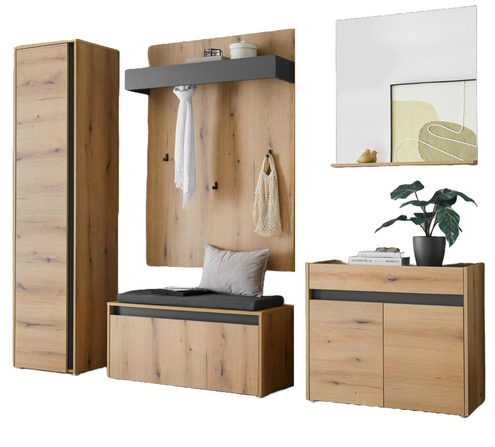 GARDEROBEN-SET Evoke Eiche, grau 6-teilig 260 cm, Garderobenkombination viel Stauraum - Eichefarben/Schwarz, Glas/Holzwerkstoff (260/200/40cm) - Furn.Design