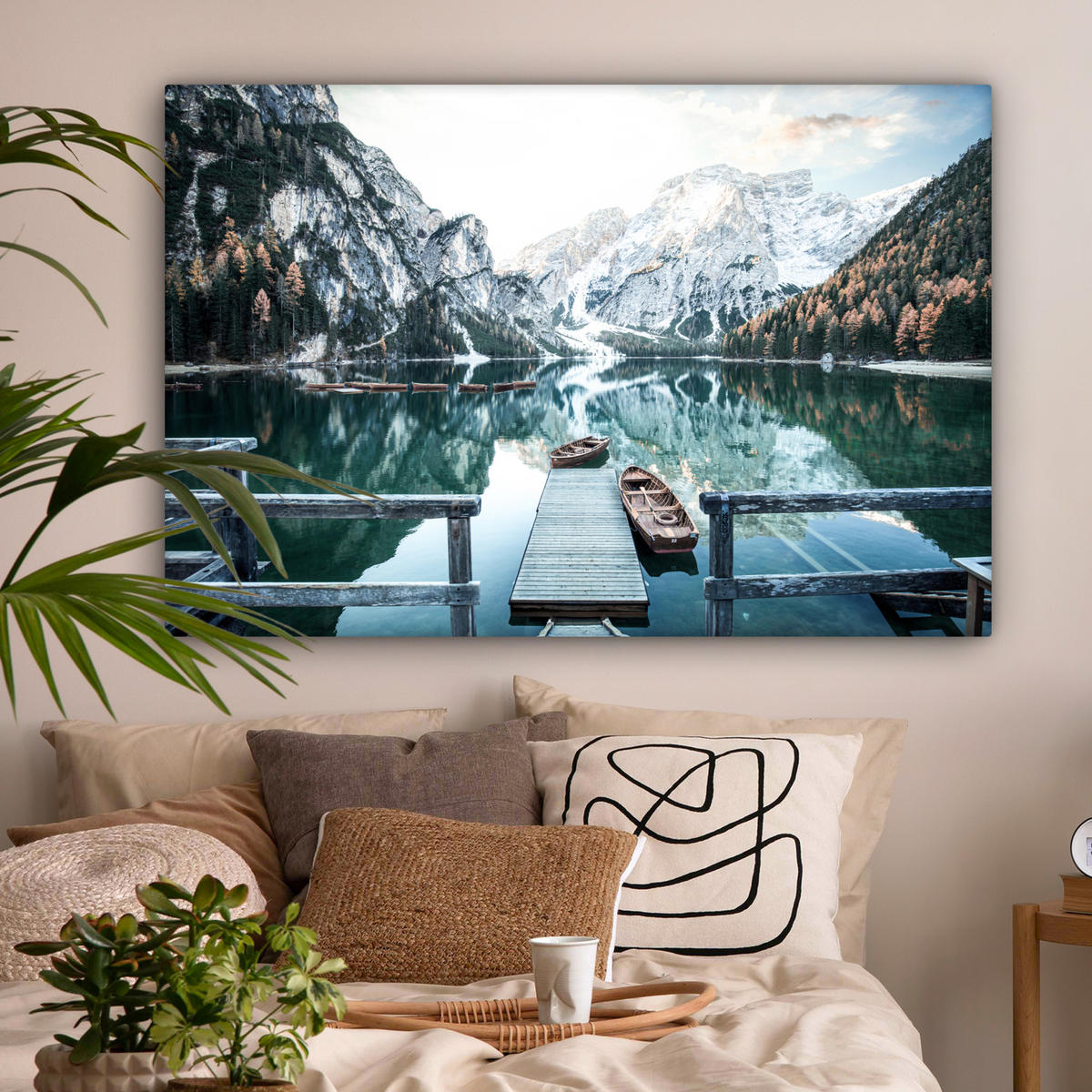 LEINWANDBILD Natur - Berge - Schnee - Wald - Boot 140x90 cm - Hellgrün, Textil (140/90cm) - MuchoWow