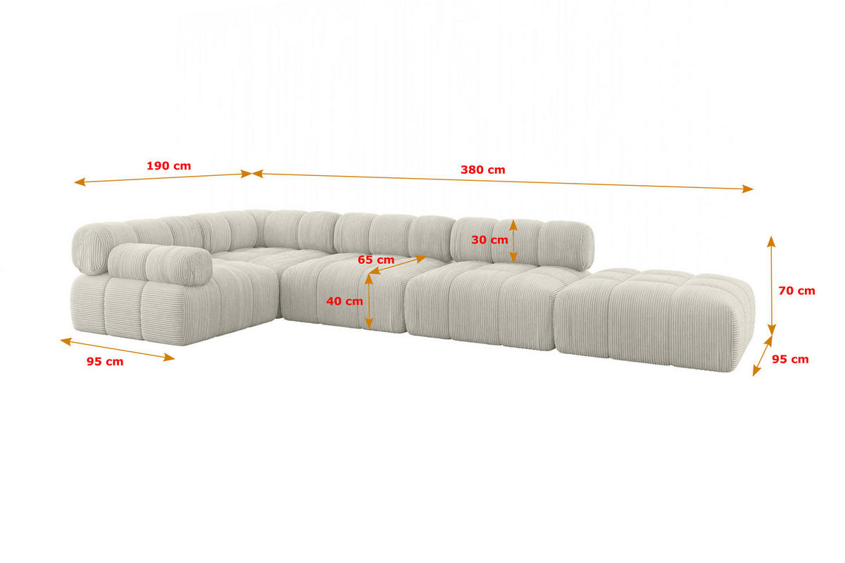 ECKSOFA modulares Sofa Felto-L2 - 380x190x70 cm Creme Cord - Hellgrau/Creme, Holzwerkstoff/Textil (380/190cm) - ALTDECOR