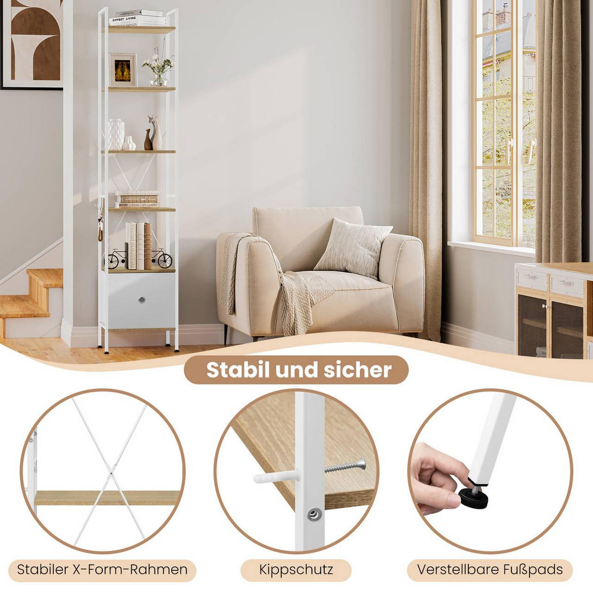 REGAL mit 5 Ablagen, 1 Schubladen, Helle Eiche+Weiß - Eichefarben/Weiß, Holzwerkstoff/Textil (40/187/30cm) - Woltu
