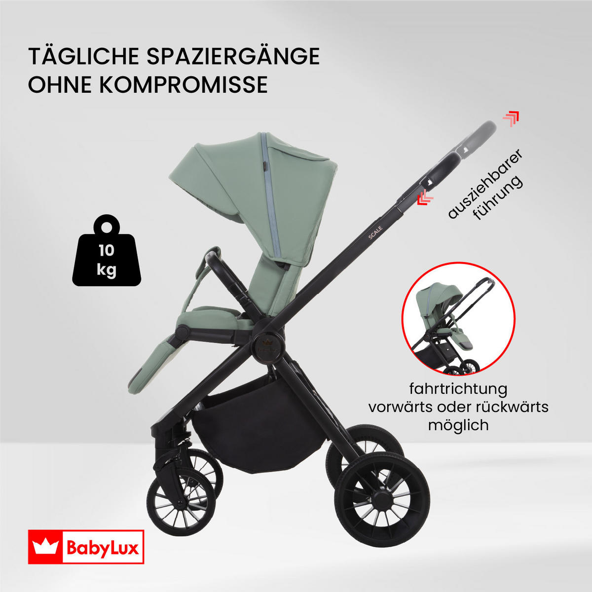 BUGGY Scale, Klein und Leicht, Teleskopische Führung, Kompakt Faltbar, Wickeltasche, Reisetasche - Dunkelgrün/Schwarz, Textil/Metall (58/100cm) - BabyLux