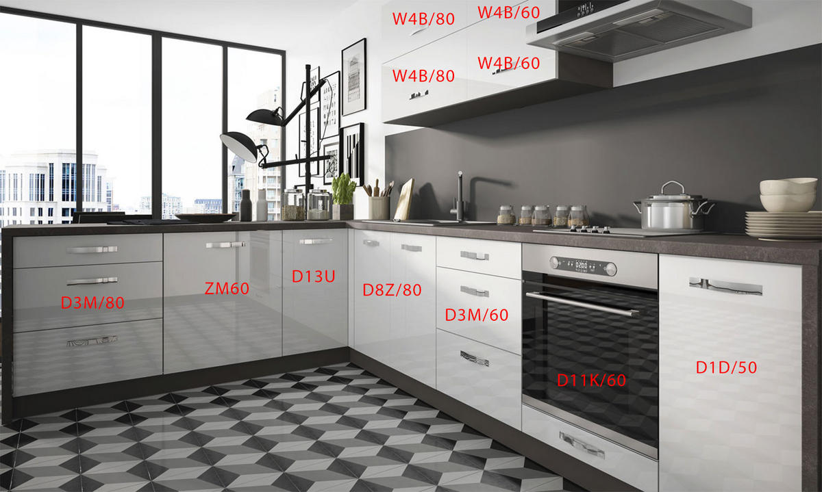 KÜCHENZEILE Essen 11-teilig Lava / Weiß Hochglanz - Dunkelgrau/Weiß, Holzwerkstoff/Metall (300/207/210cm) - Feldmann-Wohnen