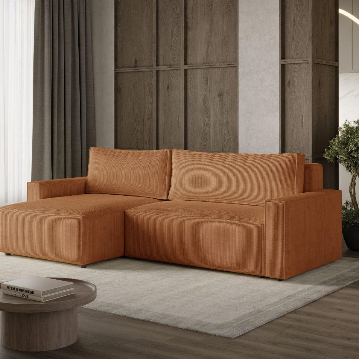 ECKSOFA LIVIO L mit Schlaffunktion und Bettkasten, weicher, dicker Cord pet friendly - POSO 40 - Dunkelorange, Holz (230/195cm) - Dekori_Interiors