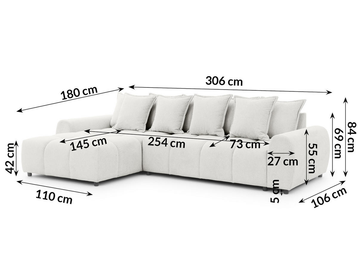 ECKSOFA inkl. Hocker Bubble mit Schlaffunktion und losen Rückenkissen, Sitzfläche in Bubble-Optik aus weichem Creme Strukturstoff - Ottomane Links - Creme/Schwarz, Holz/Kunststoff (180/306cm) - S-Style Möbel