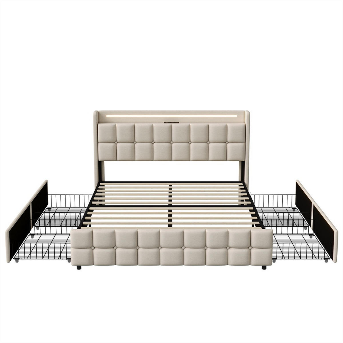 POLSTERBETT 180x200 cm Square Smart mit RGB-LED, EU-Steckdosen & USB-Ports, 4 Schubladen, Leinen-Optik, Beige - Beige, Textil (180/200cm) - DELFA