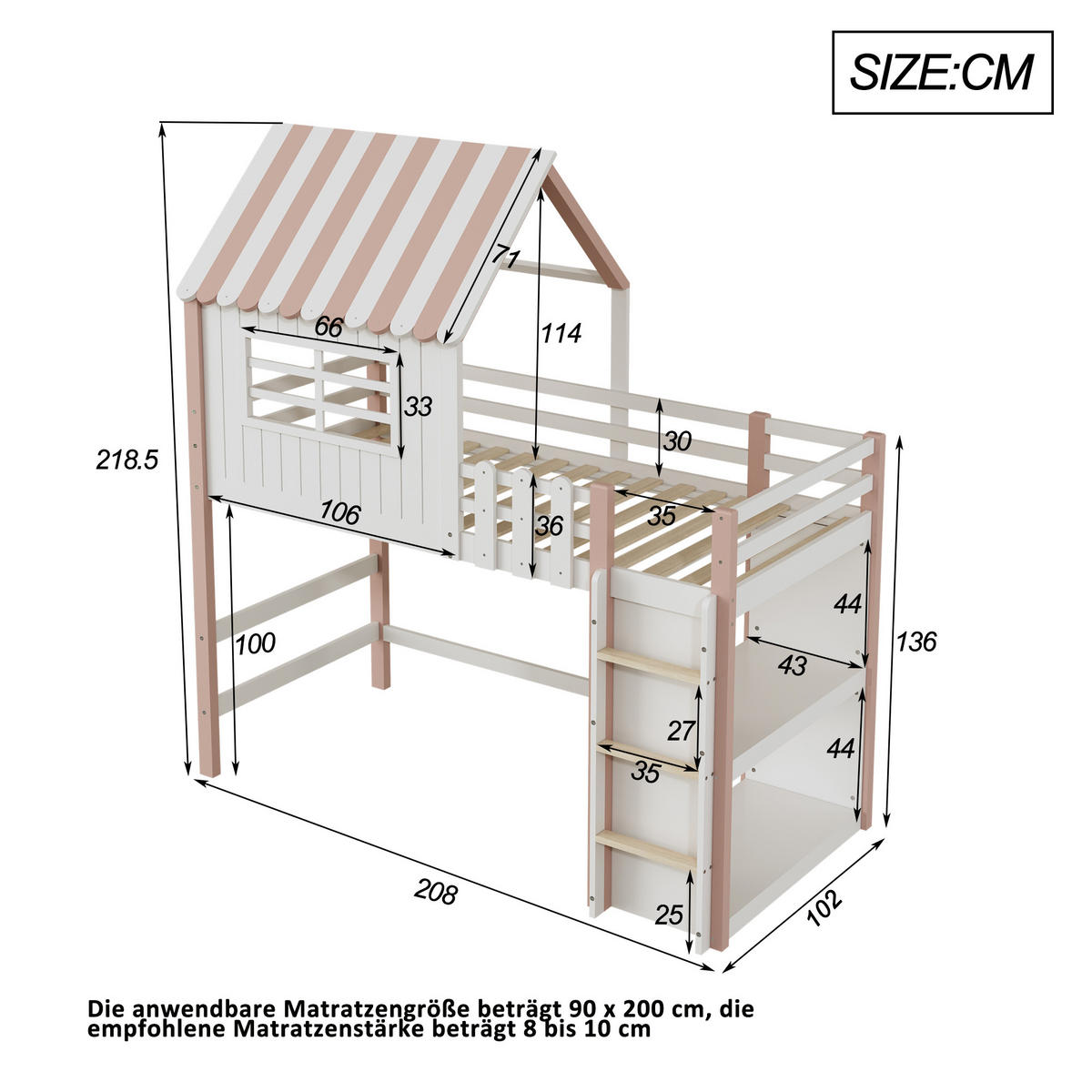 HOCHBETT 90/200 cm Rosa Hausbett mit Sicherheitsleiter und Stauraum - Pink, Holz (90/200cm) - OKWISH