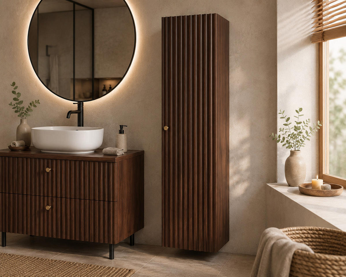 BADEZIMMER-HOCHSCHRANK: Nusseiche / Griffe Gold, 35 x 27 x 136 cm - Eichefarben/Goldfarben, Holzwerkstoff (35/136/27cm) - 3XE LIVING