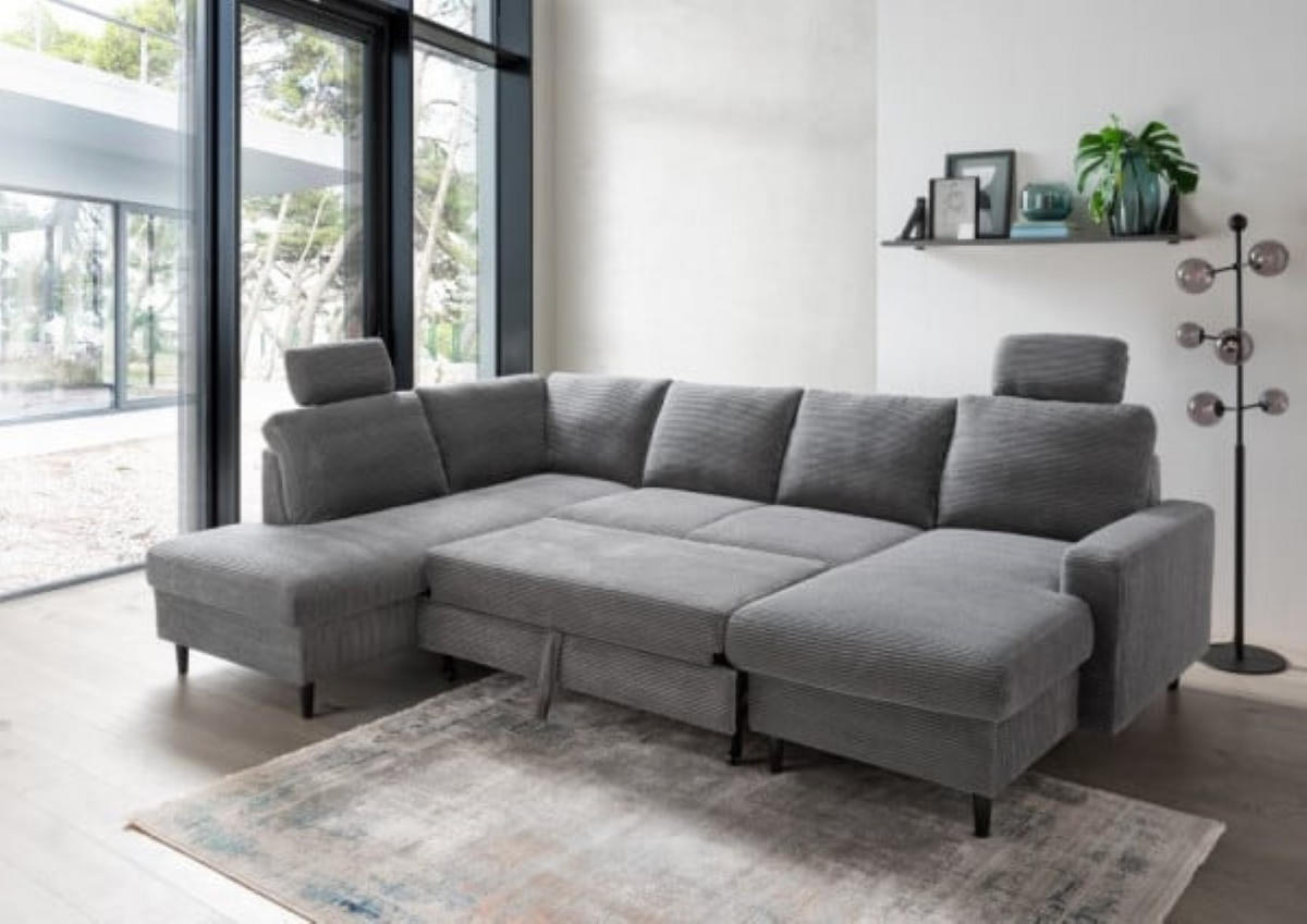 WOHNLANDSCHAFT mit Schlaffunktion und Bettkasten - Dunkelgrau/Schwarz, Textil (305/88/200cm) - myHomelando