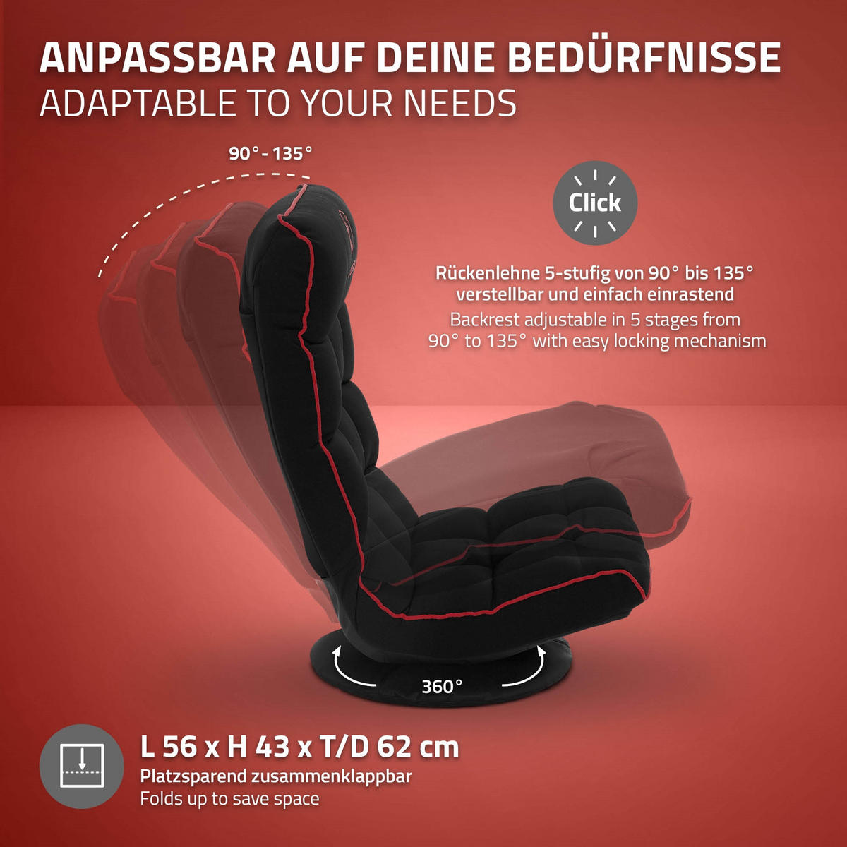 GAMINGOVÁ ŽIDLE NA ZEM Černá-červená látkový potah Otočná o 360° a nastavitelná - černá/červená, textil (56/85/92cm) - ML-DESIGN