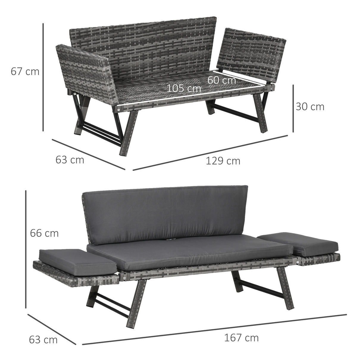 POLYRATTAN Gartensofa, Stahl, Grau - Grau, Metall (63/67/129cm) - Outsunny