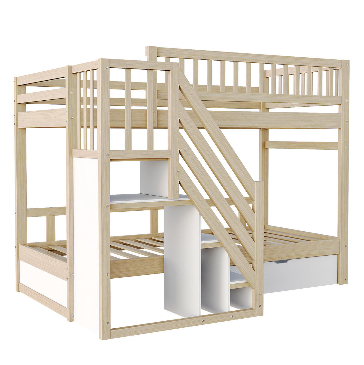 ETAGENBETT aus Kiefernholz 90x200 cm Naturholz/Weiß mit Stauraumtreppe und Schubladen - Naturfarben, Holz (90/200cm) - IVMEU