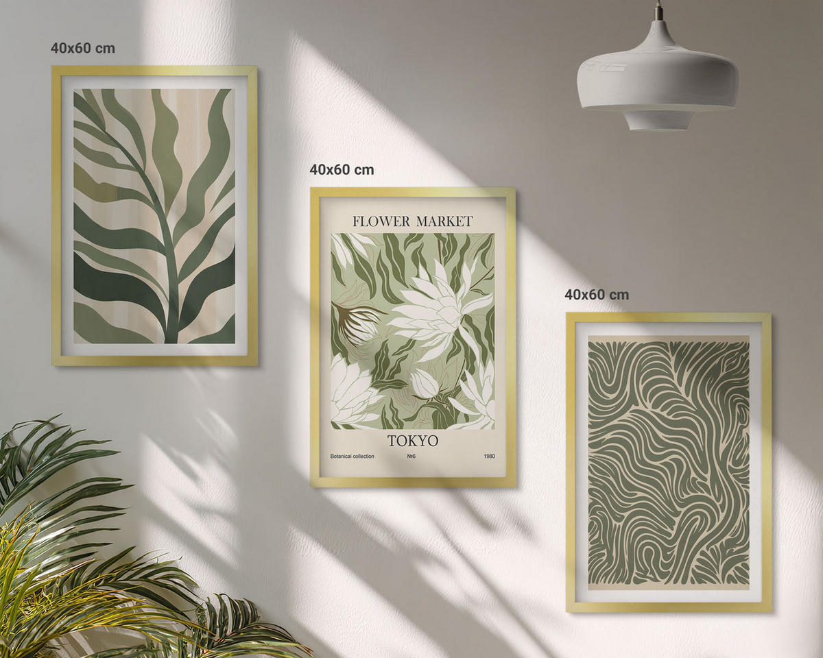 WANDBILDER 3er Set - 40x60 cm Goldrahmen - Pflanzenmuster, Boho-Dekorationen - Goldfarben, Kunststoff (40/60cm) - ArtPrintCave