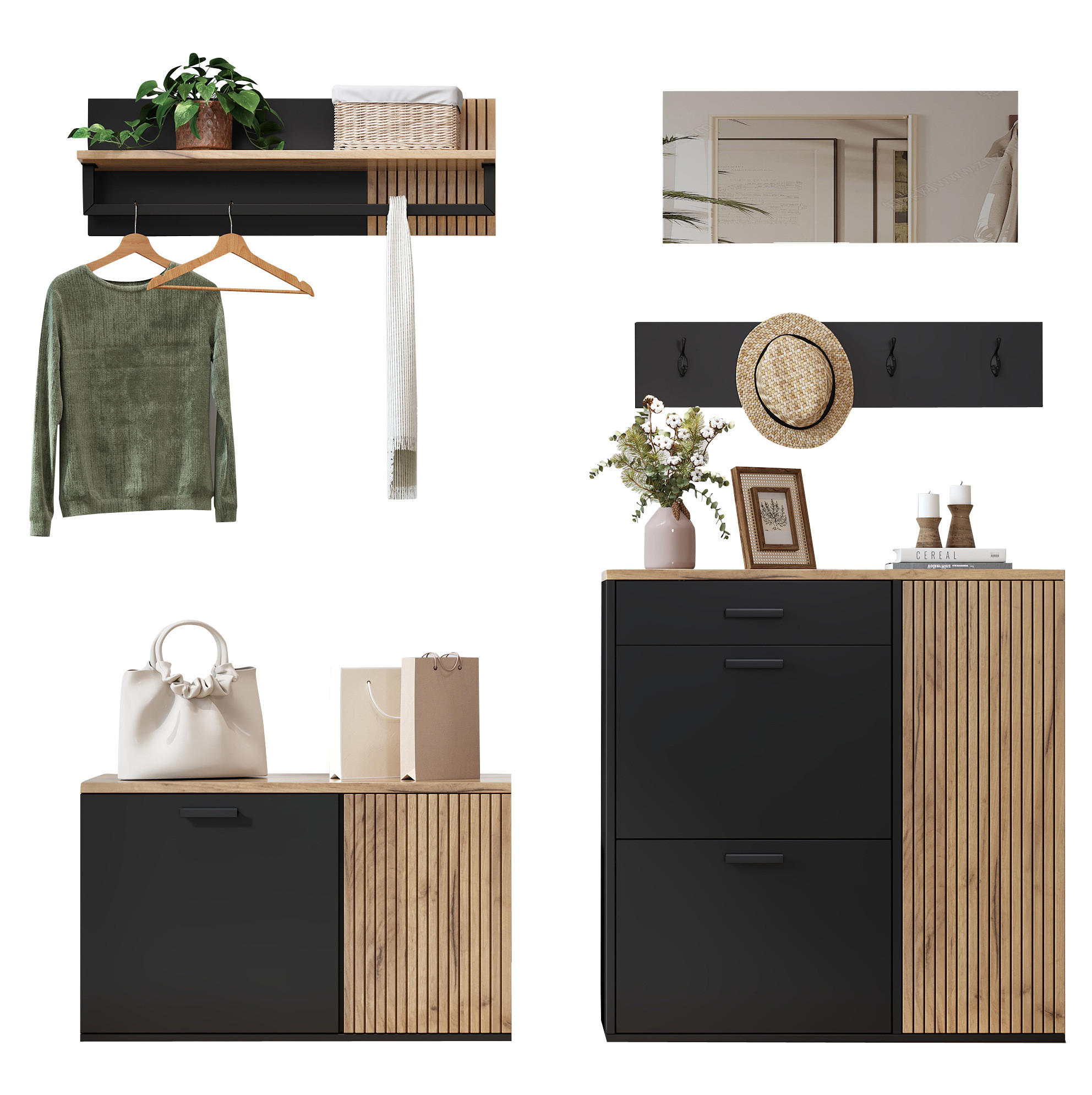 SCHUHSCHRANK 85/36/85 cm in Natur/Schwarz mit Schuhschrank und Sitzbank - Naturfarben, Holzwerkstoff (85/85/36cm) - Flora Grace