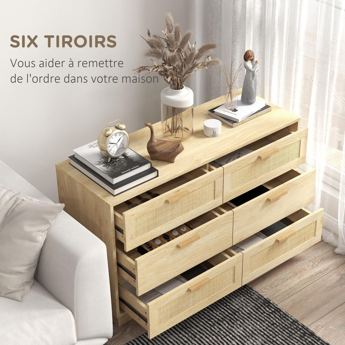 KOMOODE DE-12871 6 Schubladen mit Rattan, Boho-Design Eiche - Eichefarben, Holzwerkstoff (110/69/40cm) - ComfortXL