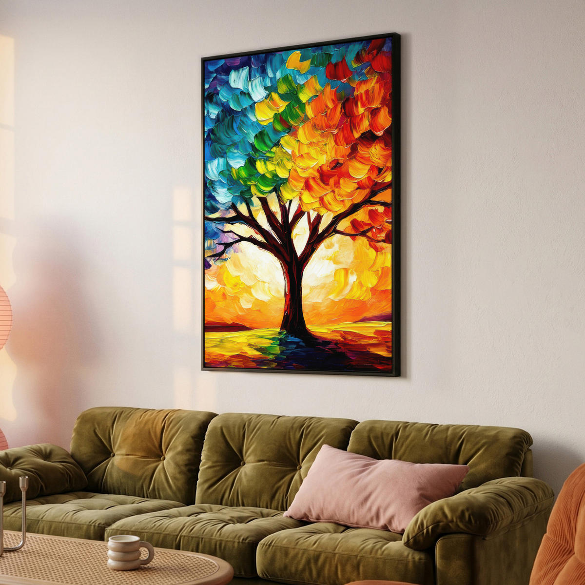 LEINWAND Bilder mit Rahmen - Baum - Kunst - Natur - Sonnenuntergang - 80x120 - Multicolor, Textil (80/120cm) - MuchoWow
