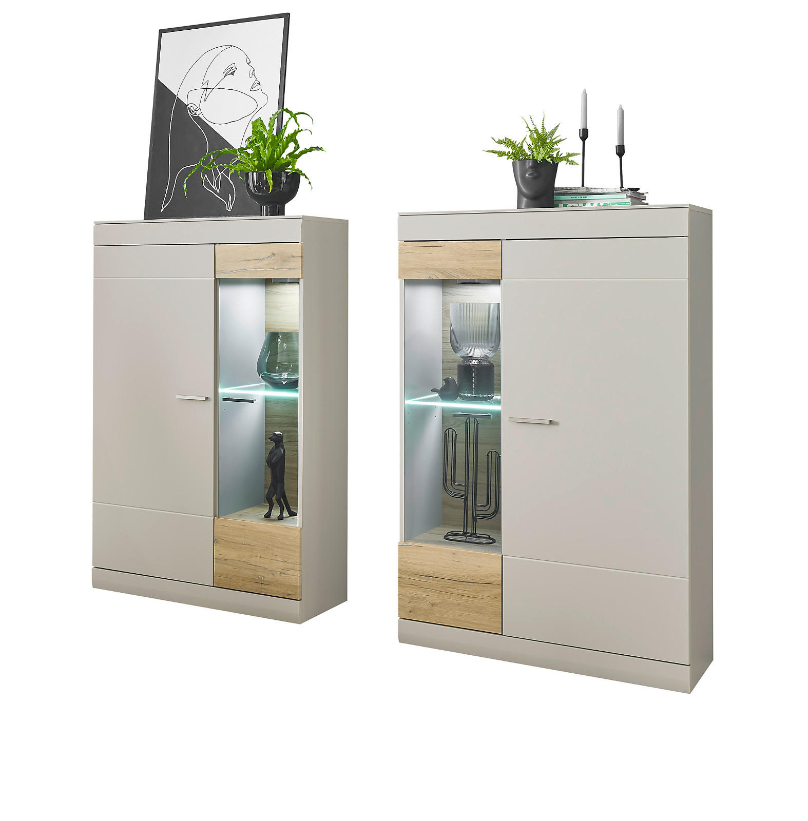 SCHRANK-SET 2-teilig grau matt, Zinneiche 190, Wohnkombination 2 x Vitrine mit Soft-Close - Eichefarben/Silberfarben, Glas/Holzwerkstoff (190/170/35cm) - Furn.Design