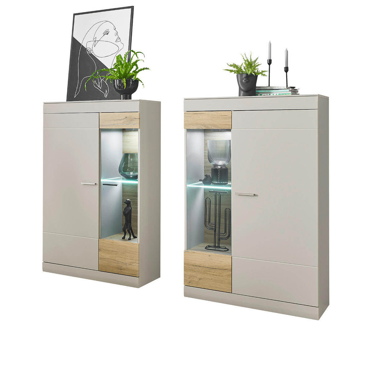 SCHRANK-SET 2-teilig grau matt, Zinneiche 190, Wohnkombination 2 x Vitrine mit Soft-Close - Eichefarben/Silberfarben, Glas/Holzwerkstoff (190/170/35cm) - Furn.Design