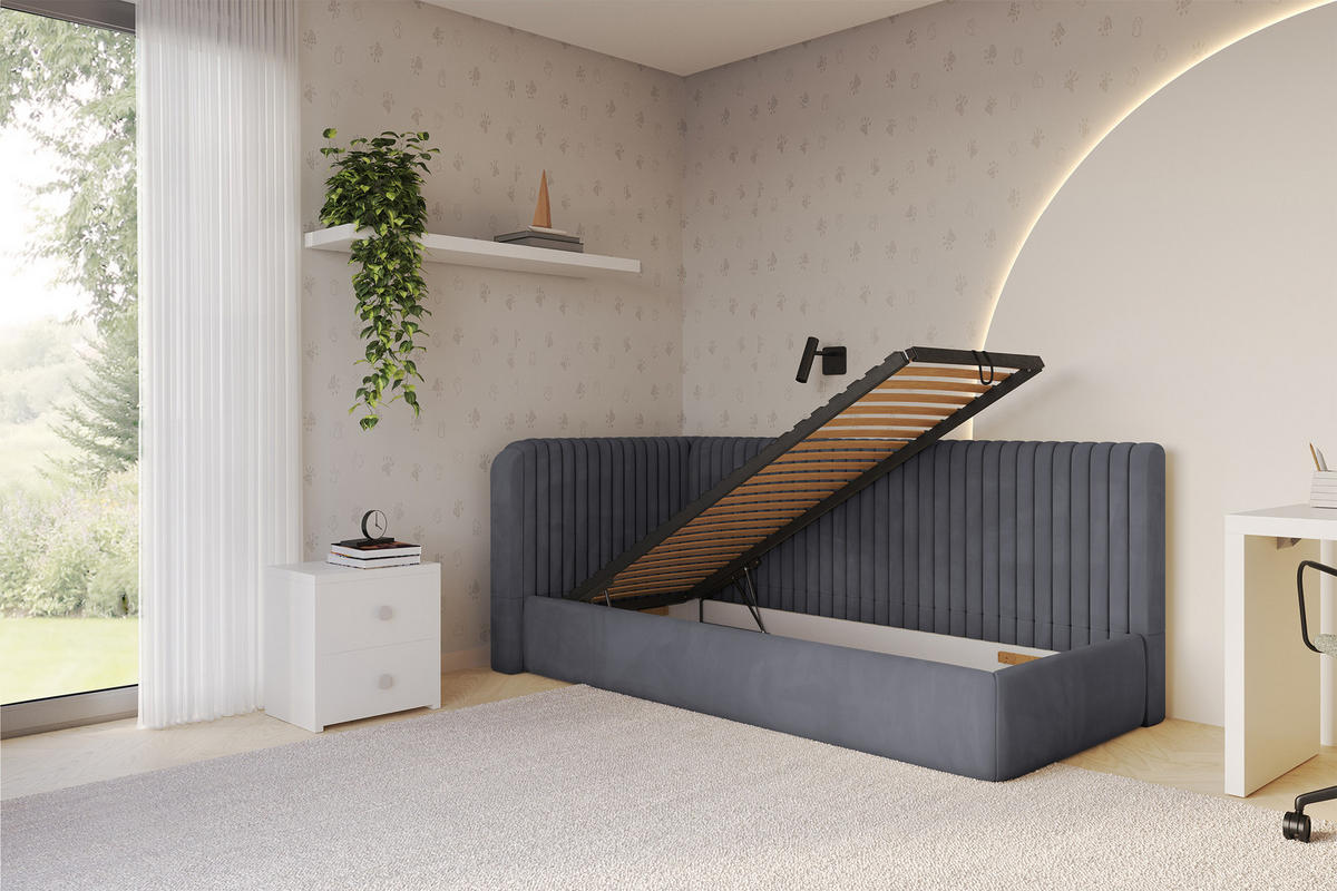 EINZELLBETT Jugendbett mit Bettkasten und Matratze H3/H4, Rechts - AURY 80x200 Dunkelgrau - Titanfarben, Holzwerkstoff/Textil (80/200cm) - ALTDECOR
