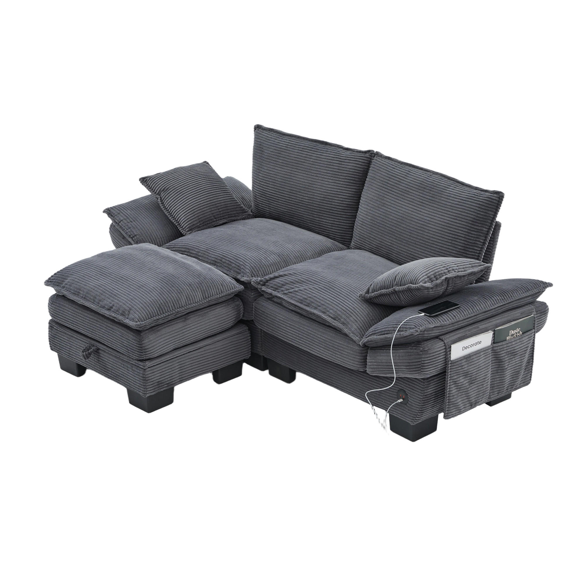 2-SITZER Sofa aus Cord 190x132x84 cm mit Hocker & USB-C, dunkelgrau - Dunkelgrau, Textil (132/84/190cm)