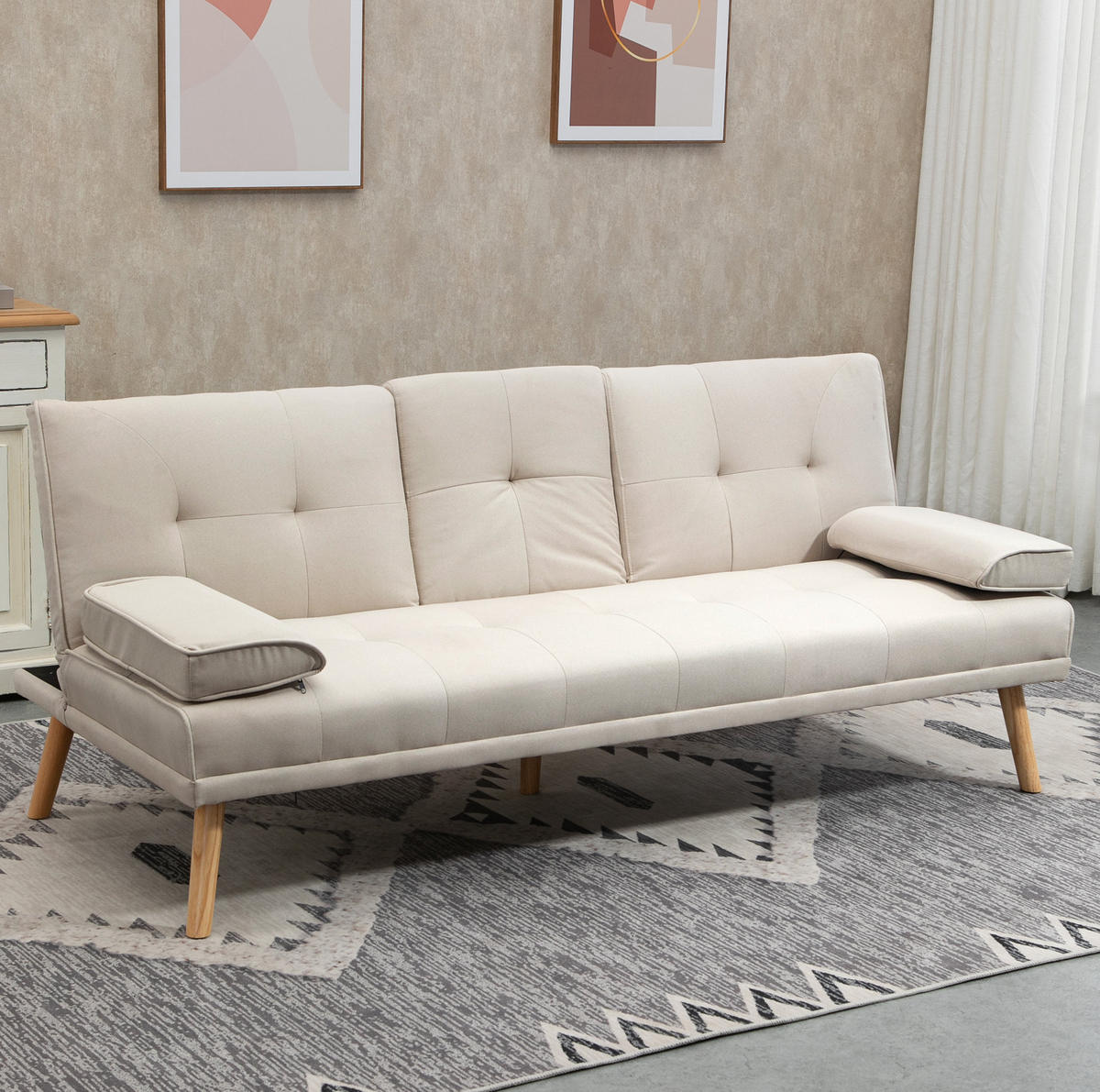 SCHLAFSOFA 3-Sitzer mit klappbarem Tisch 181 cm Beige - Beige, Holzwerkstoff (181/78/77cm) - Meubliv