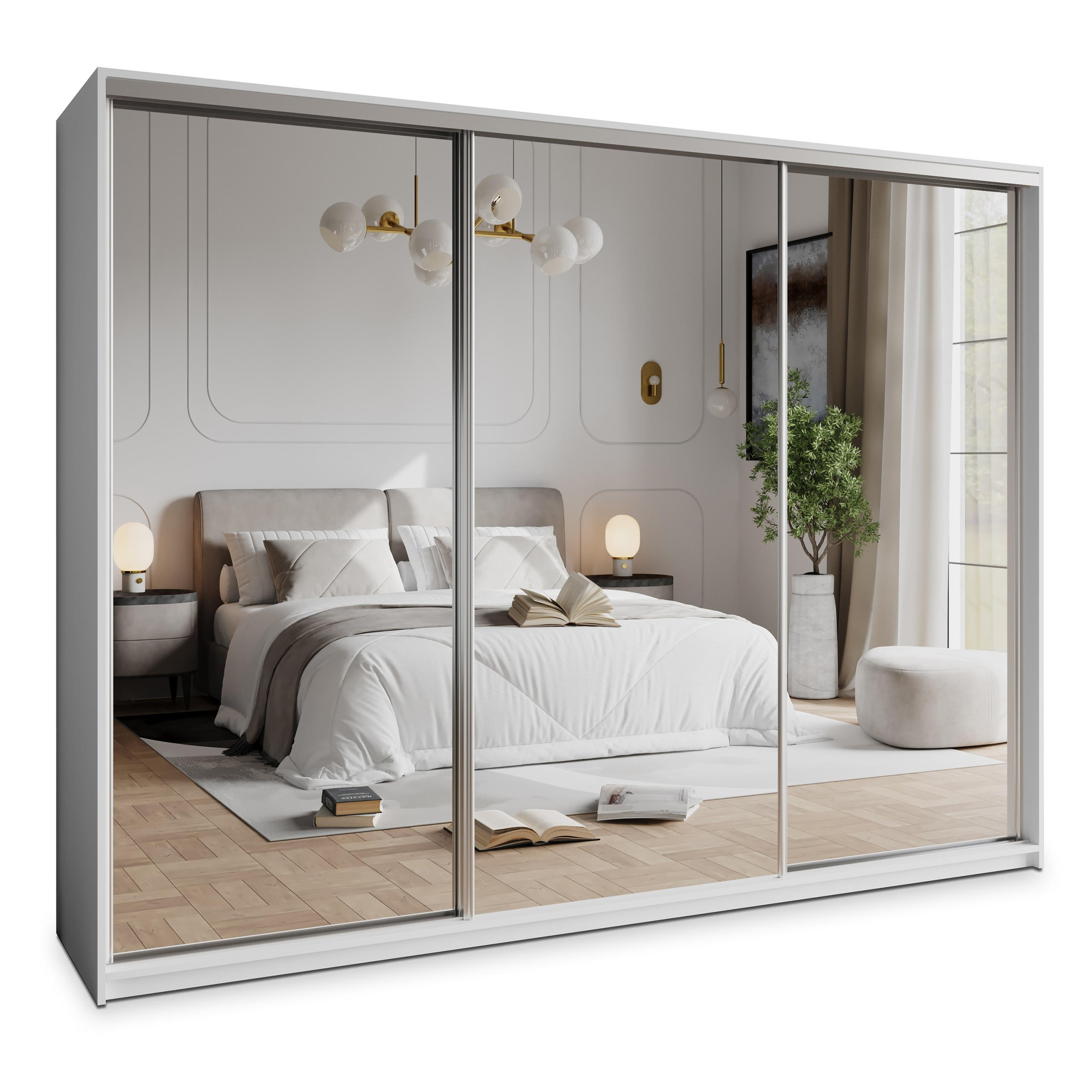 SCHWEBETÜRENSCHRANK RIEN 250/205/60 cm 3-türig mit Spiegel und Schubladen Weiß - Weiß/Nickelfarben, Holzwerkstoff (250/205/60cm) - MASSENO