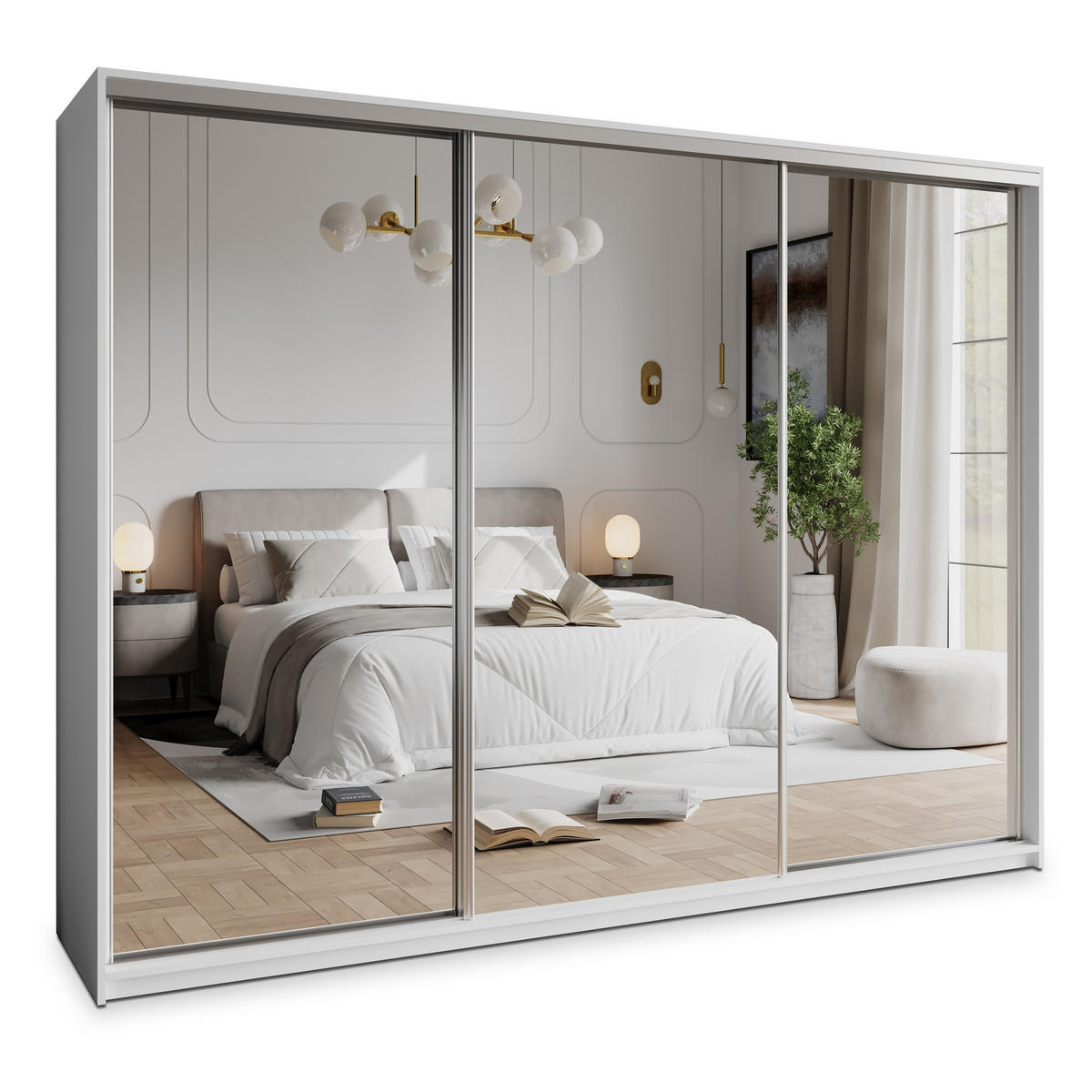 SCHWEBETÜRENSCHRANK RIEN 250/205/60 cm 3-türig mit Spiegel und Schubladen Weiß - Weiß/Nickelfarben, Holzwerkstoff (250/205/60cm) - MASSENO