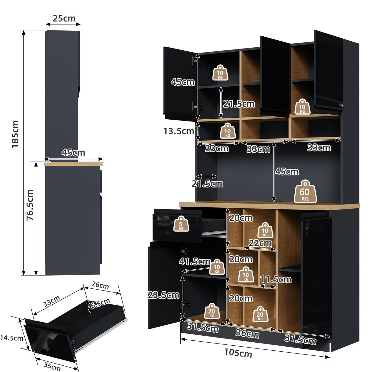 BUFFET 105/45/185 cm schwarz/natur aus MDF mit Stauraum - Schwarz, Holzwerkstoff (105/185/45cm) - OKWISH