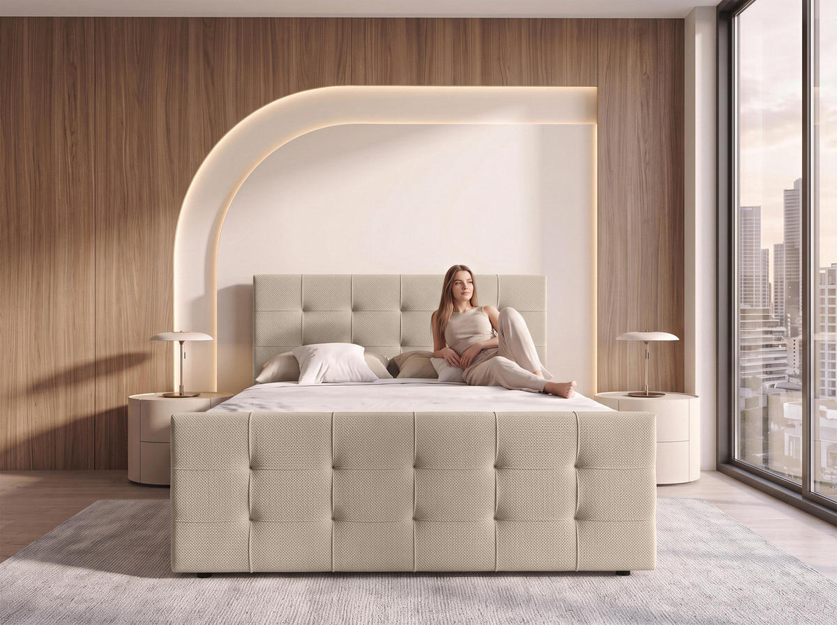 BOXBETT DEFNE 160x200 cm mit Fußteil und Matratze - Creme + TOPPER - Creme/Schwarz, Holz/Holzwerkstoff (160/200cm) - AX Living