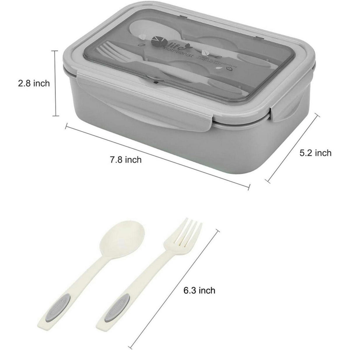 BENTO Box mit 3 Fächern und Besteck Grau - Grau, Kunststoff (13.2/7.1/19.8cm)