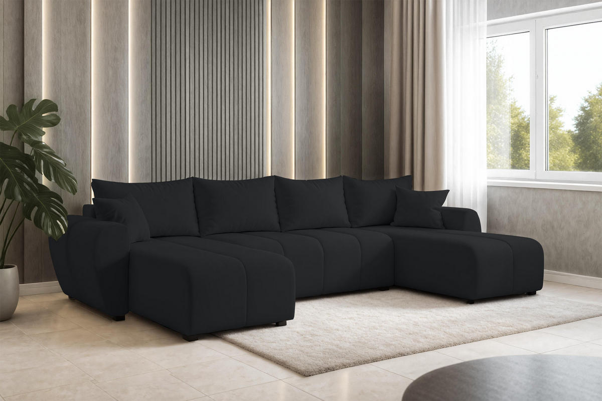 WOHNLANDSCHAFT Malatya U Form Schwarz 311/145/82 cm mit Schlaffunktion - Schwarz, Kunststoff/Textil (311/82/145cm) - AX Living