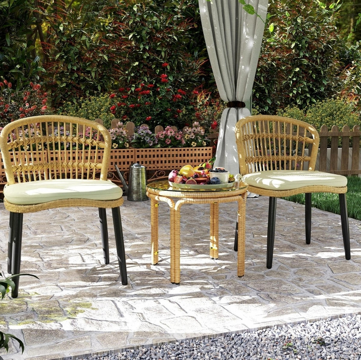 BEISTELLTISCH 50/50/44 cm mit Sicherheitsglasplatte und wetterbeständigem Gestell aus PE-Rattan, Gelb - Gelb, Glas (50/50/44cm) - Redom