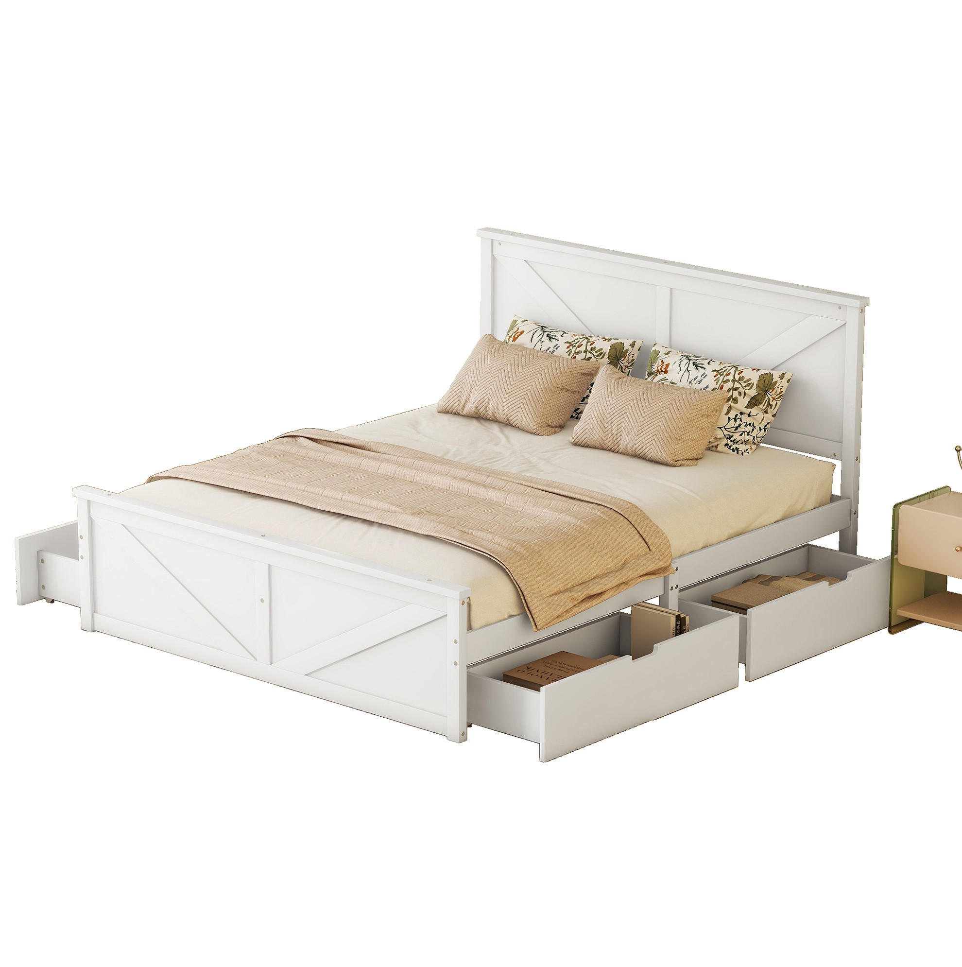 RAHMENBETT 160/200 cm aus Kiefer mit 4 Schubladen und Holz-Kopfteil - Weiß, Holz - BEAOK
