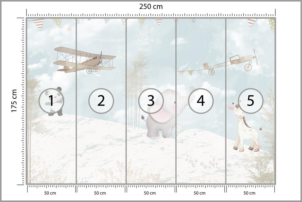 FOTOTAPETE für Kinderzimmer Boho Elefant Panda Giraffe Pflanze Flugzeug 250x175 - Multicolor, Papier (250/175cm) - Muralo
