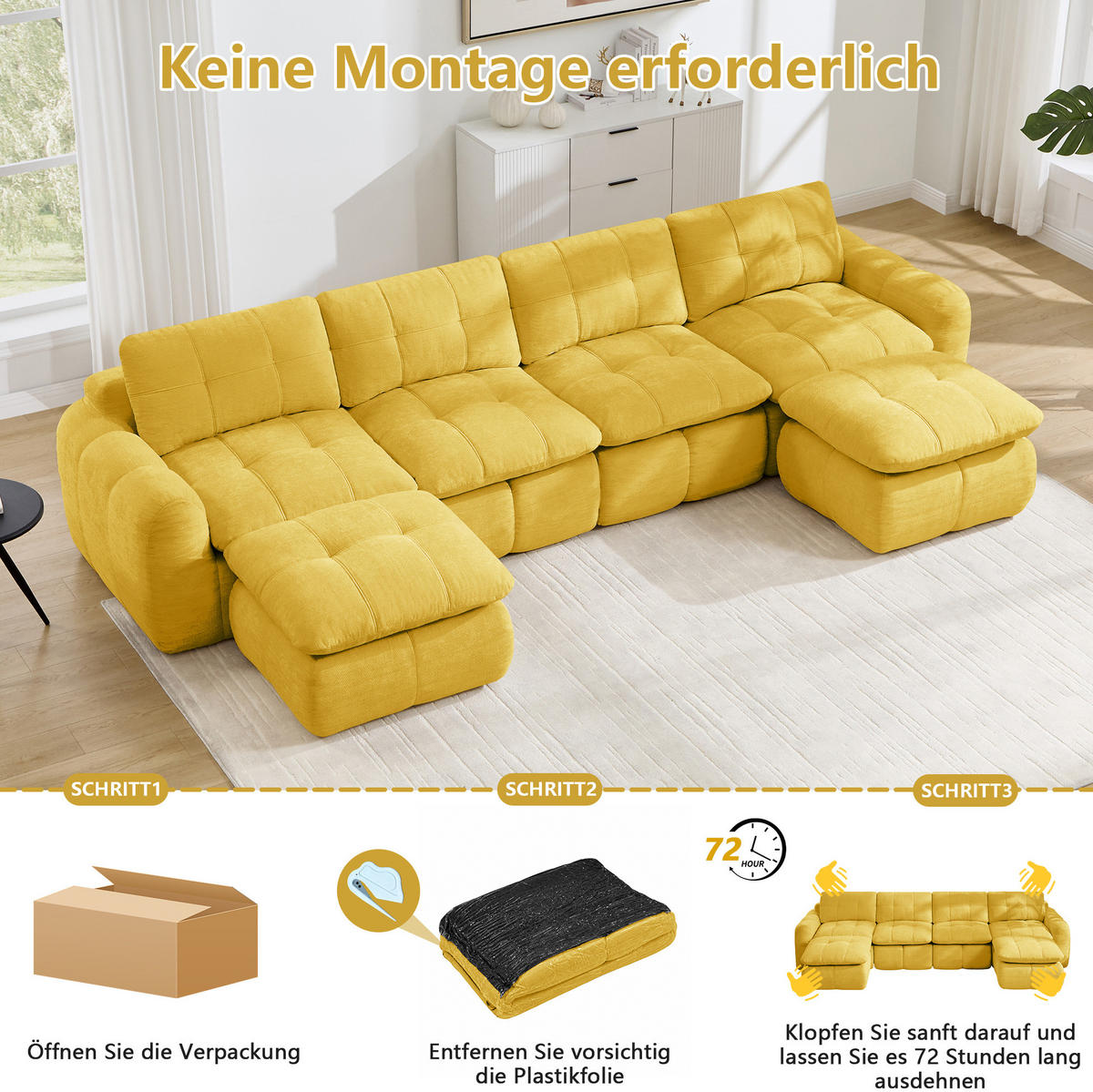 WOHNLANDSCHAFT 334/160/68 cm in Gelb aus Chenille mit hoher Sitzkomfort - Gelb, Textil (160/68/334cm) - Flora Grace
