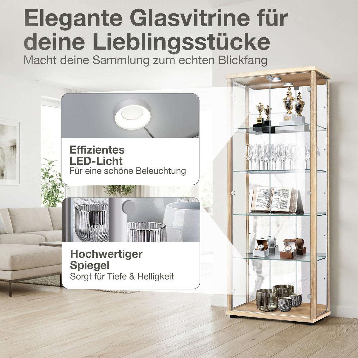 GLASVITRINE 33/67/176 cm mit Spiegel, LED, Schloss & 4 höhenverstellbaren Glasböden - Transparent/Silberfarben, Glas/Holzwerkstoff (67/176/33cm) - K-Möbel