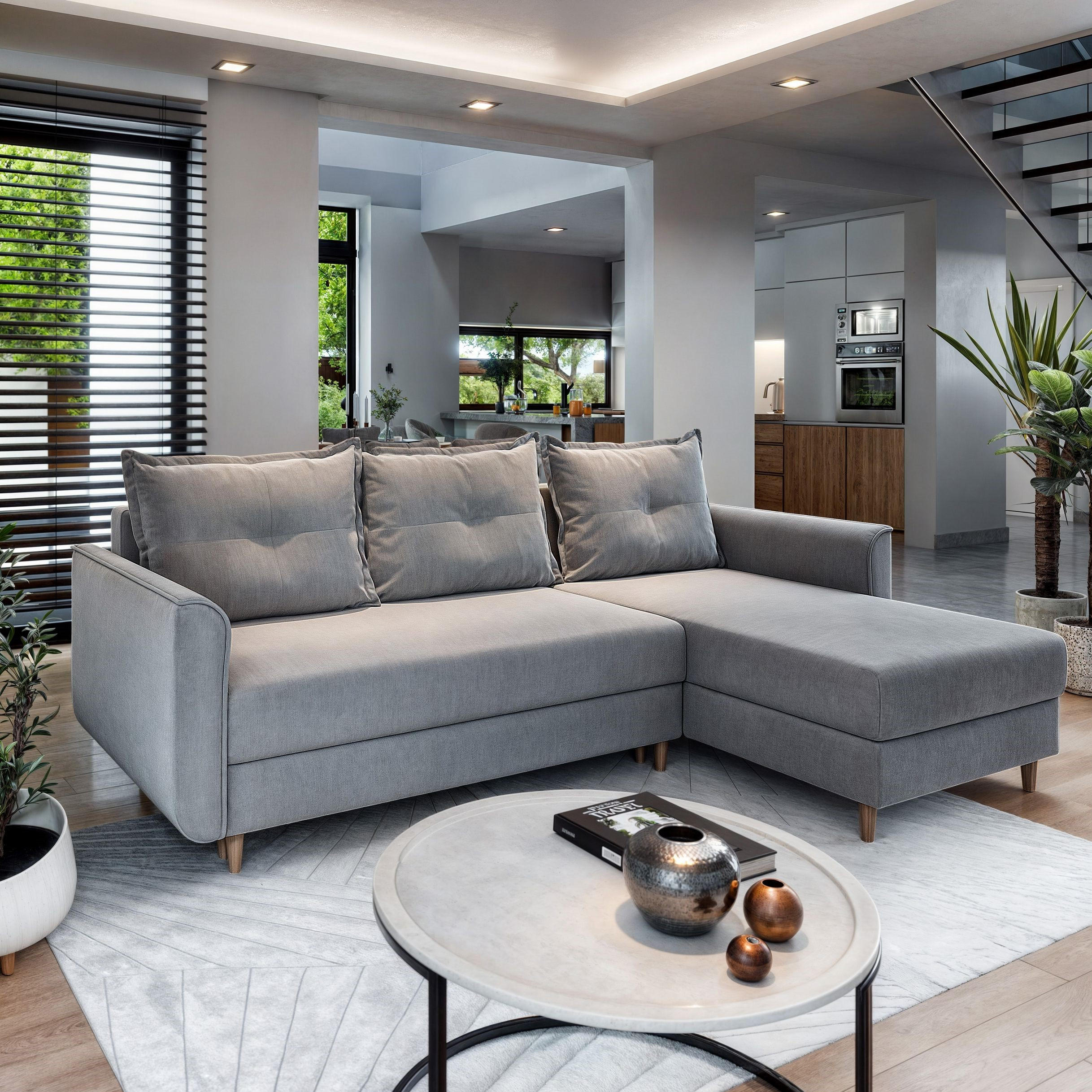 ECKSOFA PISAN R-S Hellgrau Plüsch-Stoff mit Schlaffunktion - Hellgrau, Holz (220/140cm) - MASSENO