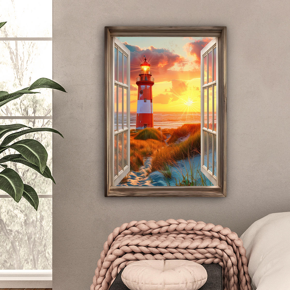 LEINWANDBILD Aussicht - Fenster - Leuchtturm - Sonnenuntergang - Strand Wandbild Wohnzimmer 60x80 cm - Dunkelorange, Textil (60/80cm) - MuchoWow