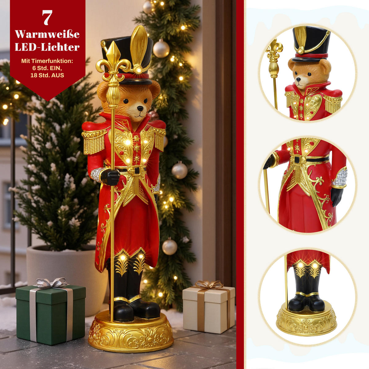 HOMETOPIA Nussknacker Bär Figur 91,5 cm, Weihnachtsdeko mit LED & Timer - Dunkelrot, Naturmaterialien (25/91/27.5cm) - Hometopia