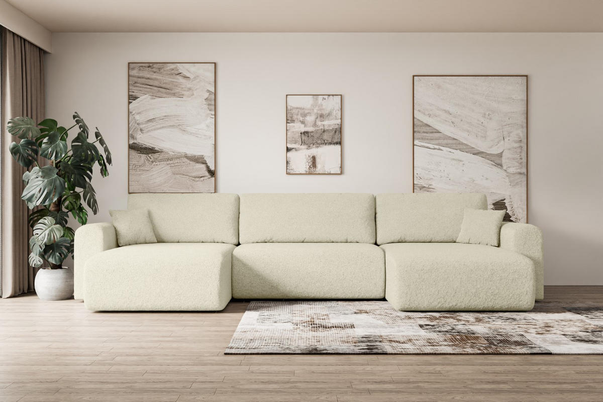 WOHNLANDSCHAFT mit Schlaffunktion und Bettkasten ORRO-U - 362x145x83 cm Beige Bouclé - Beige/Schwarz, Holzwerkstoff/Kunststoff (362/83/145cm) - ALTDECOR
