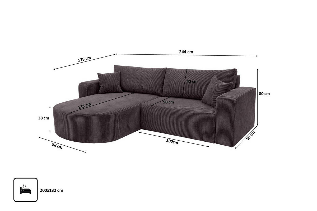 ECKSOFA Mit Schlaffunktion, Cordstoff Poso, Dunkelgrau, Links, ROUND ONE - Dunkelgrau, Holz (244/175cm) - Kaiser Möbel