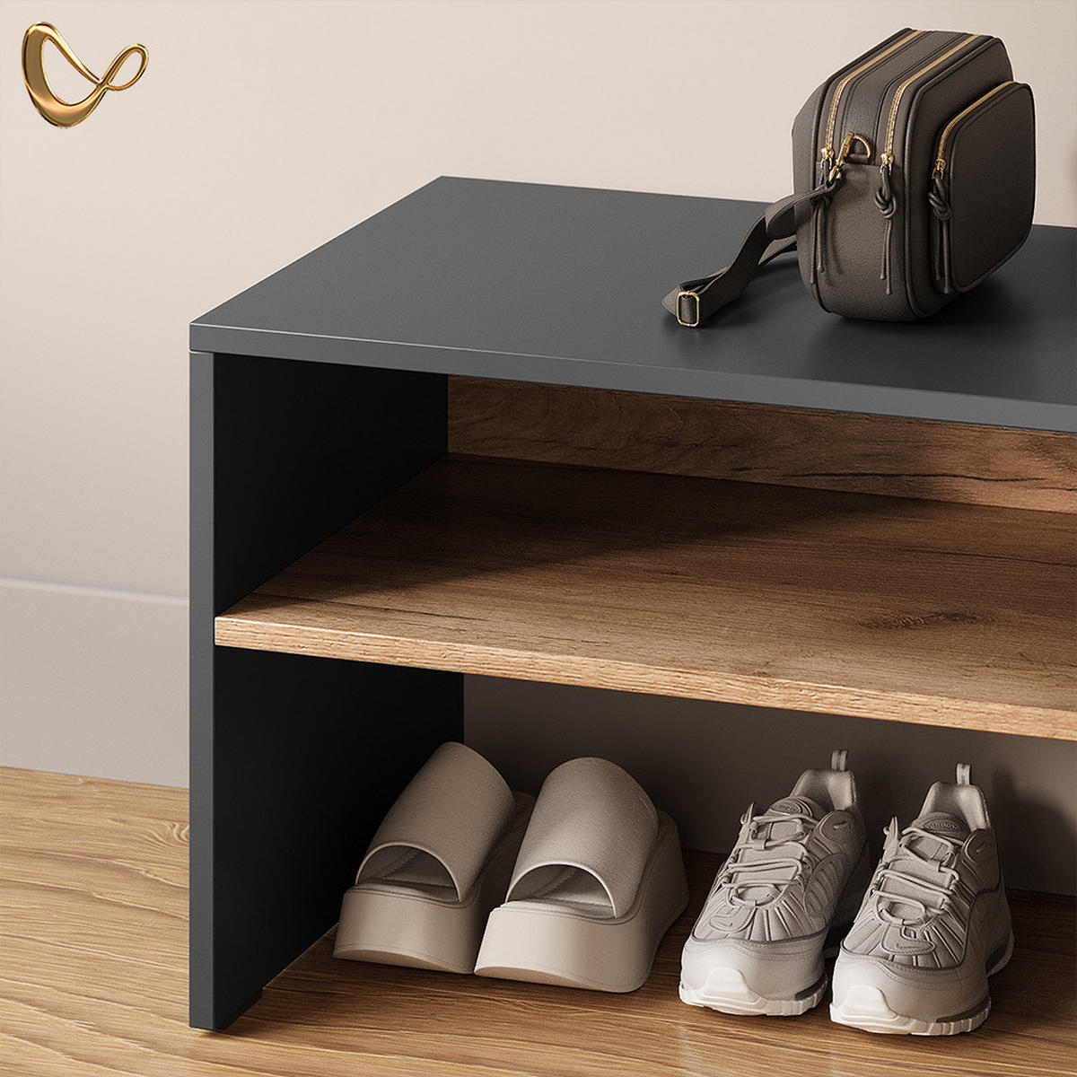 SCHUHBANK Ortello Anthrazit/Goldkraft Eiche 60 x 60 cm - Honigeiche/Anthrazit, Holzwerkstoff (60/60/40cm) - Livinity®