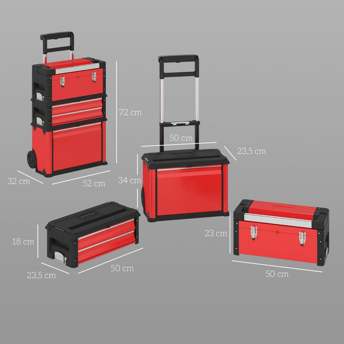 WERKZEUGWAGEN mit 3 modularen Einheiten, stapelbar, Teleskopgriff, Rot - Rot, Kunststoff (32/72/52cm) - Novahome