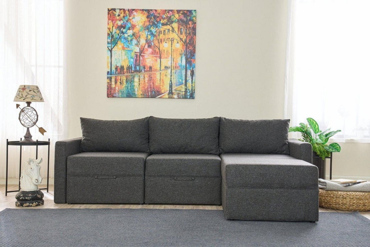 ECKSCHLAFSOFA mit Hocker - Anthrazit/Schwarz, Kunststoff/Textil (230/180cm) - myHomelando