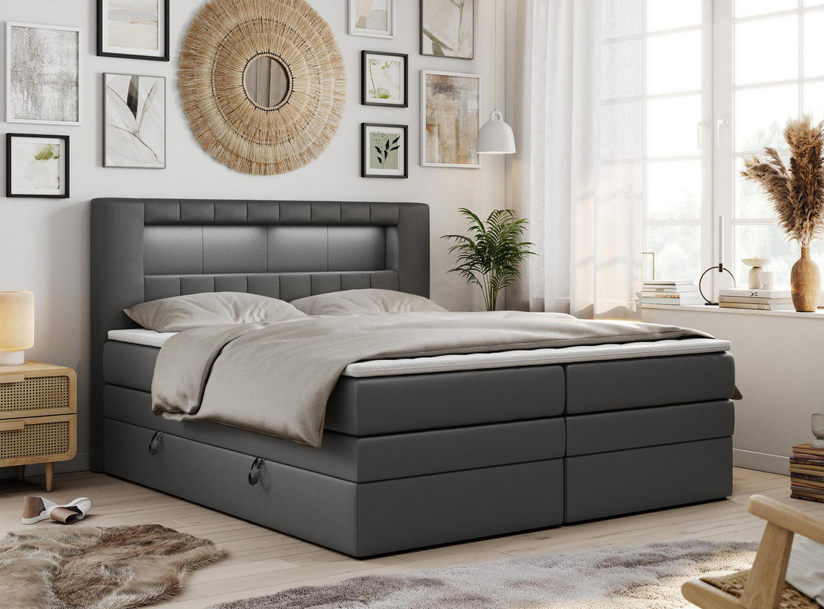 BOXSPRINGBETT GOLD-5 KING LED 160/200 Dunkelgrau Kunstleder - H3 - Dunkelgrau, Holz/Textil (160/200cm) - MKS
