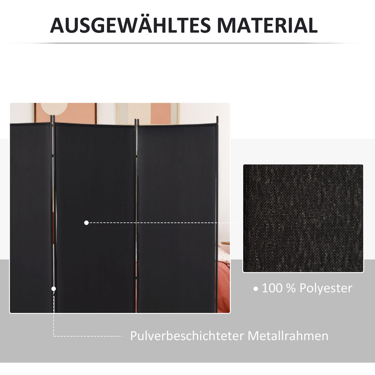 PARAVANT aus Polyester und Metall Schwarz - Schwarz, Metall (50/182cm) - HOMCOM