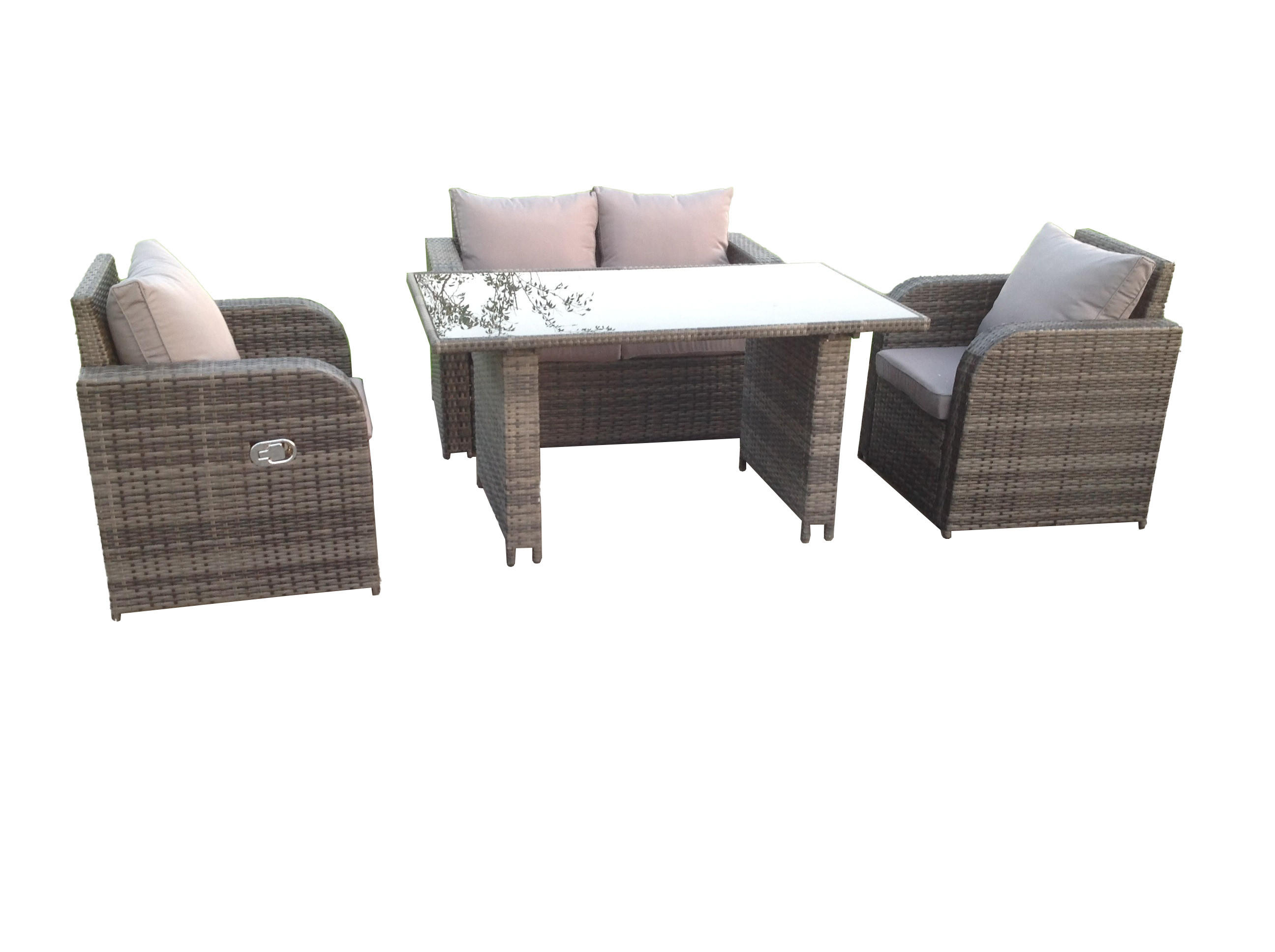 LOUNGESOFA-SET Polyrattan Dunkelgrau 4-Sitzer - Dunkelgrau/Grau, Glas/Kunststoff - Fimous