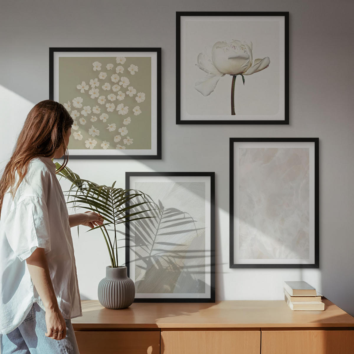 WANDBILDER 4er-Set - 50x50 cm & 40x60 cm Schwarzer Rahmen - Blumen, modische Boho-Texturen - Schwarz, Kunststoff (50/50cm) - ArtPrintCave