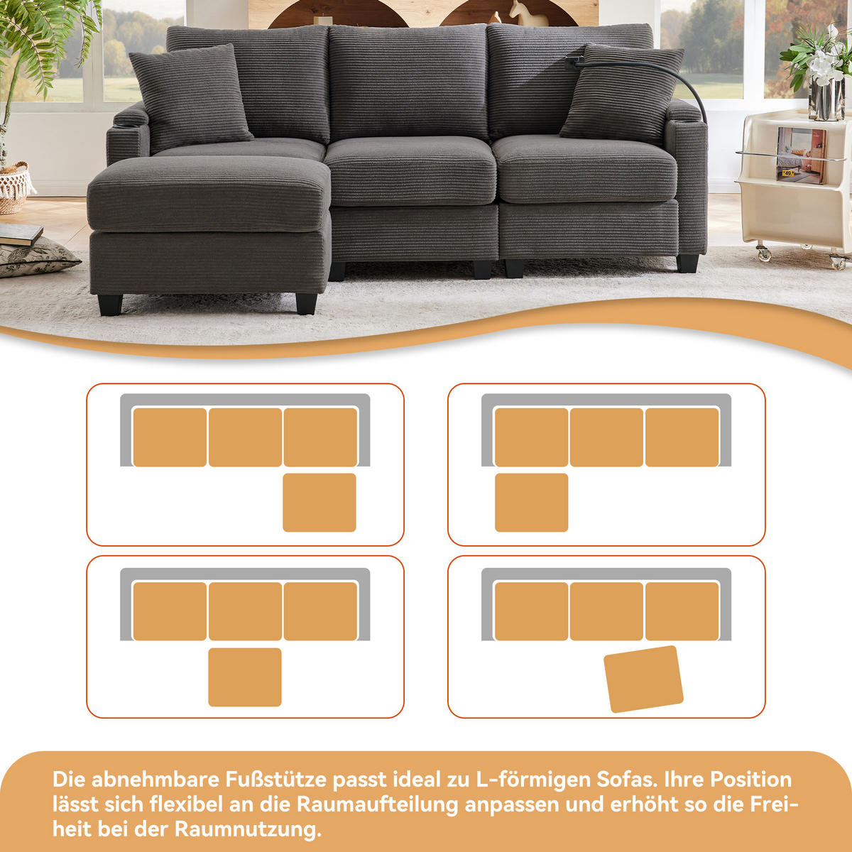 4-SITZER ECKSOFA Cord Dunkelgrau mit Hocker, USB und mit Kissen - Dunkelgrau, Holzwerkstoff/Kunststoff (213.5/139cm) - WISHDOR